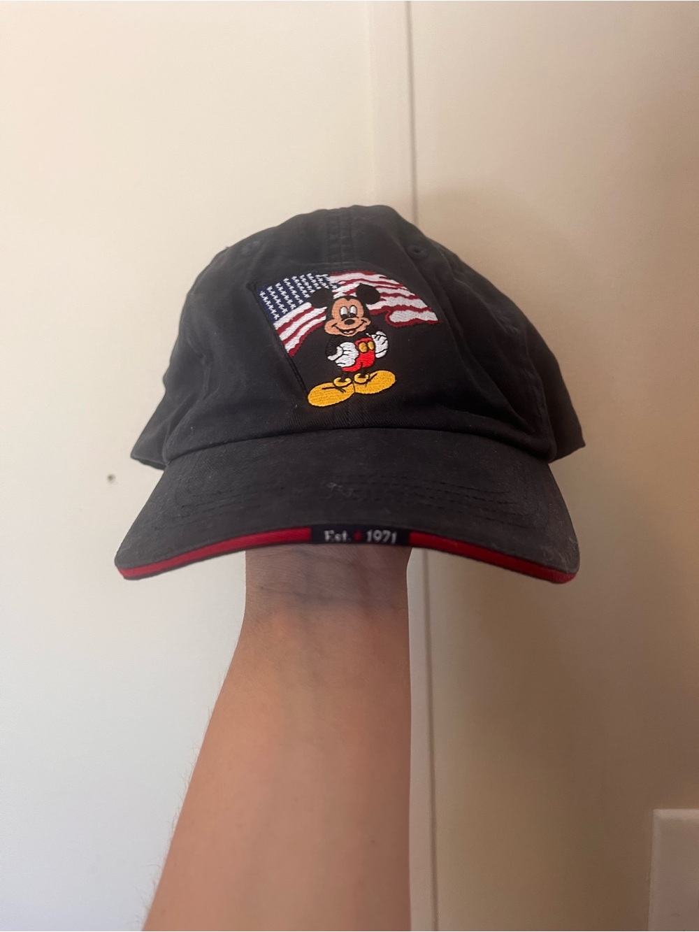 Navy Mickey Mouse Baseball Cap with American Flag Embroidery